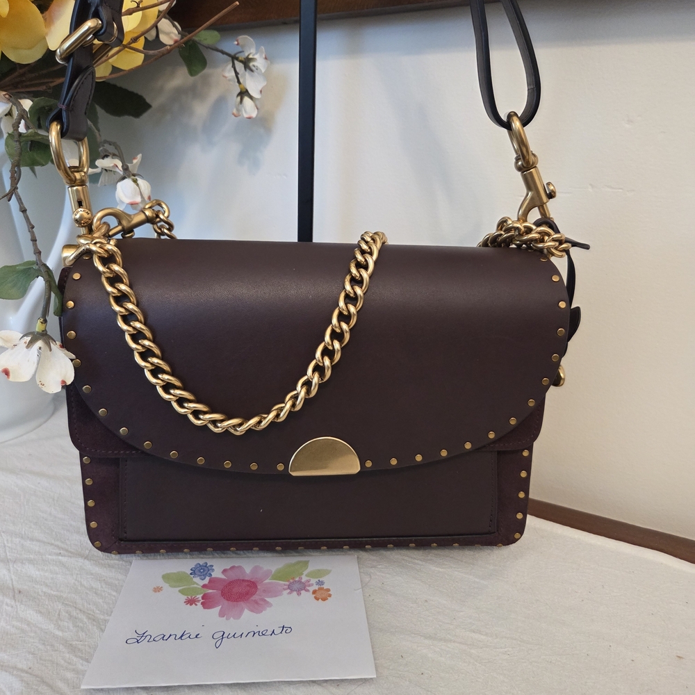 Coach Dark Brown Leather Shoulder Bag with Gold Chain Hardware